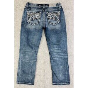 Miss Me Jeans Women's 28 Mid Rise Easy Crop Stretch Blue Denim Embellished